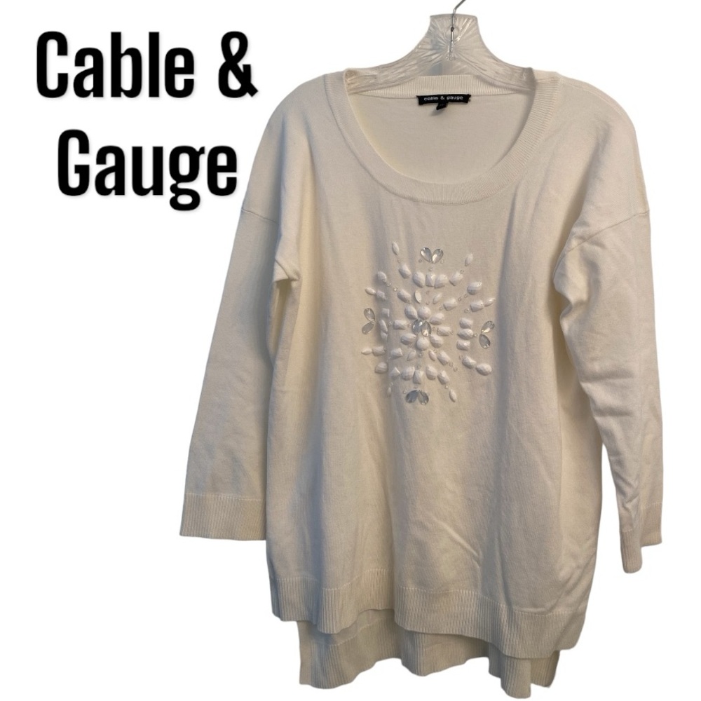 Cable& Gauge White beaded snowflake Sweater L